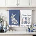 Frienda 2 Pcs Blue Easter Kitchen Towels Blue Floral Easter Hand Towels Bunny Dish Towel 17 x 26 Inch Rabbits Bow Decor Kitchen Towel Spring Farmhouse Holiday Room Decoration