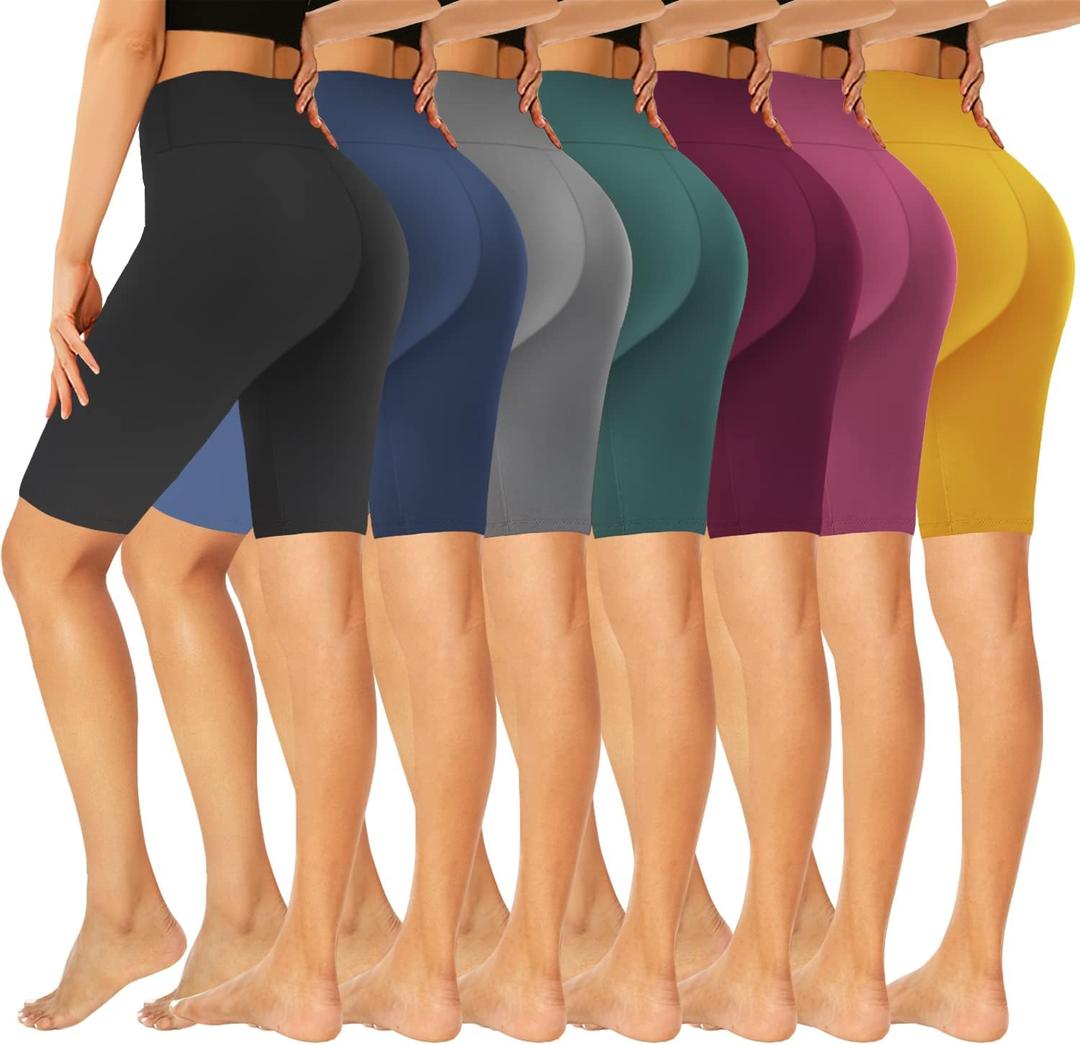 GROTEEN 7 Pack High Waisted 8'' Biker Shorts for Women - Buttery Soft Black Workout Yoga Running Spandex Yoga Shorts (7 Pack Black/Gray/Navy/Rose Pink/Purple/Yellow/Dark Green) Large to X-Large 
