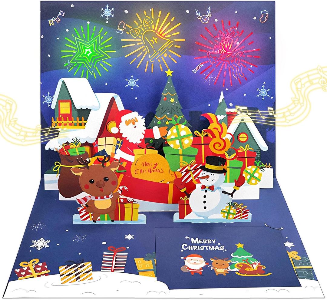 Christmas Musical Cards Gift Cards 3D Pop Up with Flashing Light, Handmade Card Includes Envelopes, Greeting Xmas Card for Men Women Kids Wife Mom Dad, Playing We Wish You A Merry Christmas
