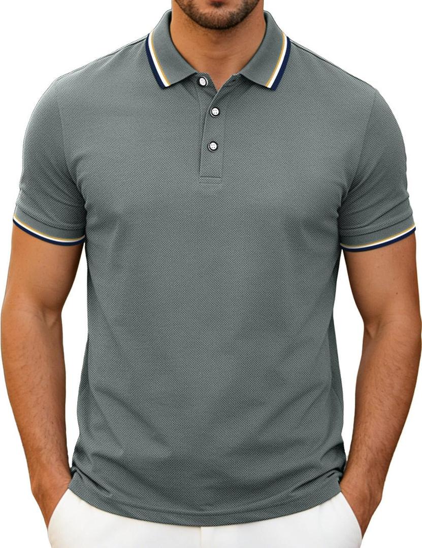 Men's Golf Polo Shirts Short Sleeve Striped Casual Polo Shirts for Men Dry Fit Tennis T-Shirt Tops (Gray, XL)