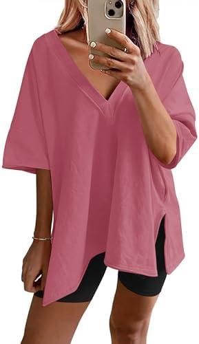 Ekouaer Womens Pajamas 1 Piece Lounge  Oversized V Neck T-Shirts Tops, Workout Reversible Tracksuit, L