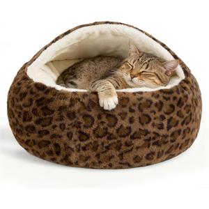 Calming Dog Beds & Cat Cave Bed with Hooded Cover,Removable Washable Round Beds for Small Medium Pets,Anti-Slip Faux Fur Fluffy Coved Bed for Improved Sleep,Fits up to 15/25 lbs(Leopard Print,S) (20.00" x 20.00" x 8.00")