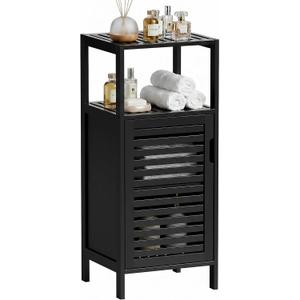 HITNET Bamboo Floor Cabinet, Small Bathroom Cabinet Floor Standing, 4 Tier Narrow Side Storage Cabinet, Space Saving Kitchen Cupboard with Single Door, Black