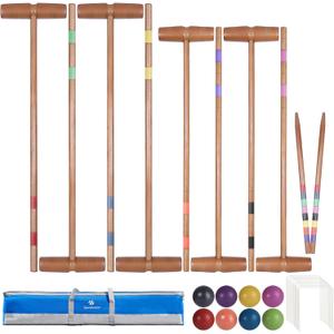 SpeedArmis Brown Croquet Set for Adults - 8 Players Croquette Kit with 35In Deluxe, 32In Regulation Size Rubber Wood Mallets, Colored PE Ball, Wickets, End Stakes, Lawn Backyard Game for Families
