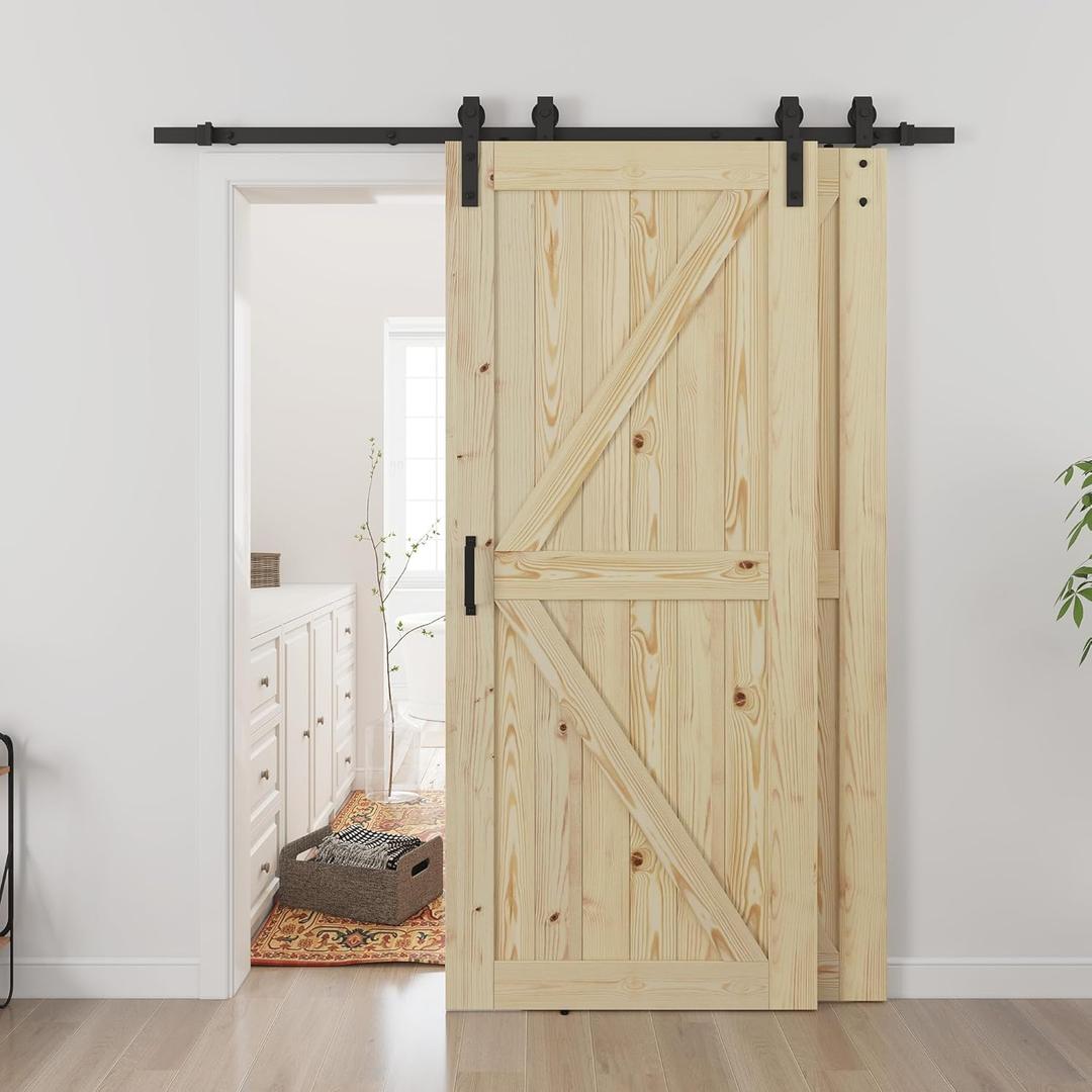 SMARTSTANDARD Double 36"x84" Bypass Barn Door with 6.6FT Track Hardware Kit Included, Unfinished Solid Wood, DIY Support, A Simple Assembly is Required