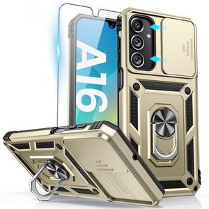 Goton Compatible with Samsung Galaxy A16 5G Case with Camera Cover & Kickstand Ring with Tempered Glass Screen Protector, Military Grade Shockproof Protective Bumper Cover Gold