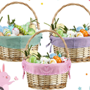 Hushee 3 Pack Willow Easter Basket with Folding Handle Empty Round Woven Easter Basket with Assorted Colors Plaid Liners for Gift Toys Storage Book Adult Boys Girls Bedroom Office
