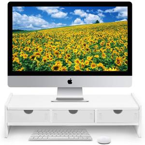 valen Monitor Stand Riser, Computer Laptop Riser Shelf with 3 Organizer Drawers (White, 19.5" L x 7.5" W x 4.7" H) (White)