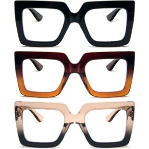 REAVEE 3 Pack Oversized Reading Glasses for Women Large Frame Extra Wide, Blue Light Blocking Readers Stylish Square Thick Eyewear, Black+Brown Orange+Tea Black, 2.0