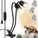 Reptile Heat Lamp with Clamp, Dual Head UVA UVB Reptile Light Fixture with Cycle Timer Switch, 360 Rotatable Timing & Dimming, Heat Lamp for Lizard Turtle Snake Dragon, 3 Bulbs (50W)