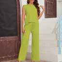 TIQOJE Womens 2 Piece Outfits Sweater Set Sleeveless Knit Pullover Top High Waisted Pants Tracksuits(Green-S)