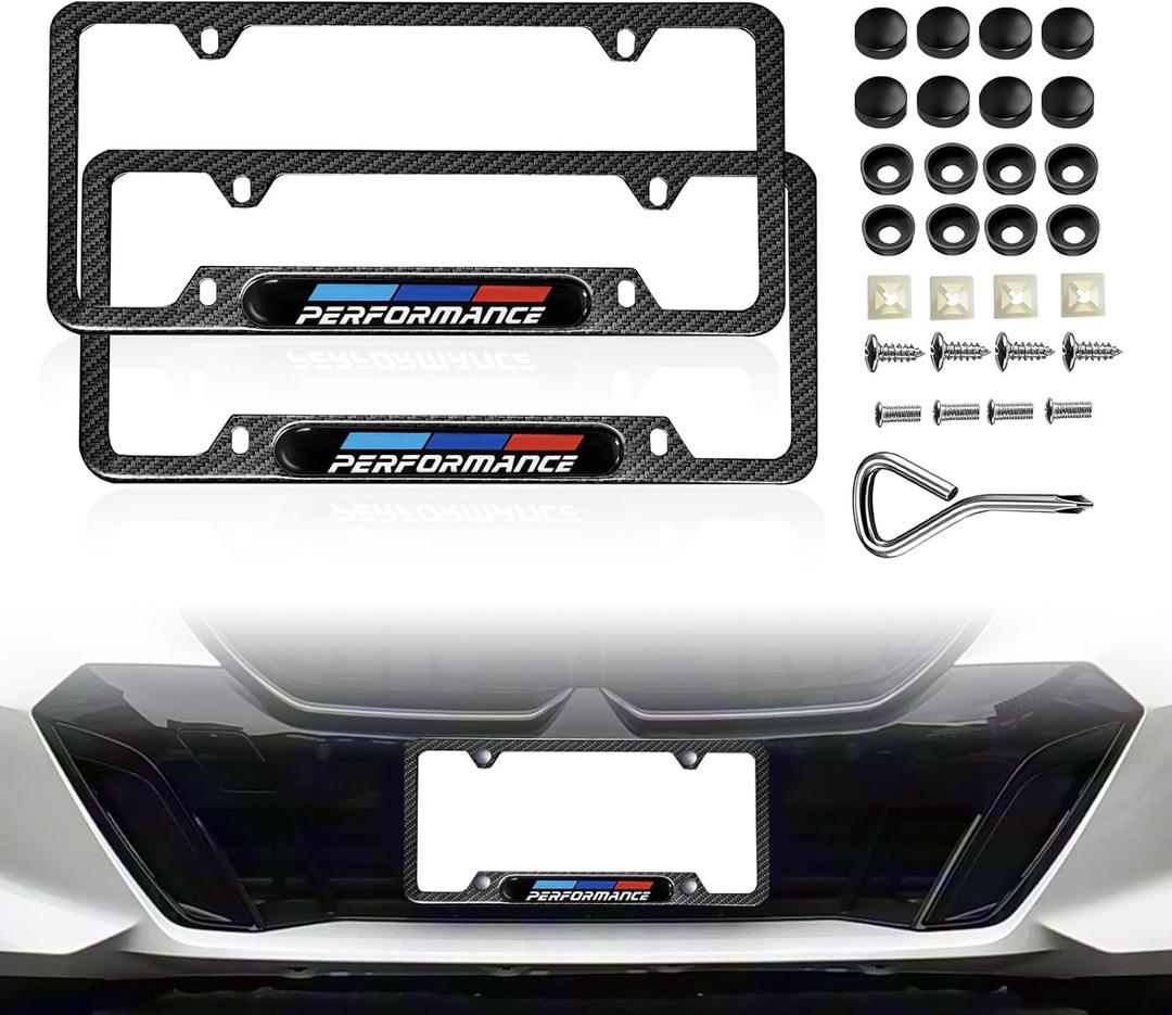 2PCS License Plate Frames, Stainless Steel 4-Hole License Plate Cover for BMW X3 X5 X1 X7 X6 4 3 5 2 1 Series M3 M5 M4 M2 M6 e90 e91 Accessories, with Screw Caps Cover Set(Carbon Fiber Black)