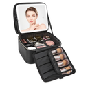 Travel Makeup Bag With LED Mirror, Cosmetic Train Case with Light up Mirror, Portable Makeup Artist Organizer Bag with Adjustable Dividers, Makeup Brush Holder Storage, Black