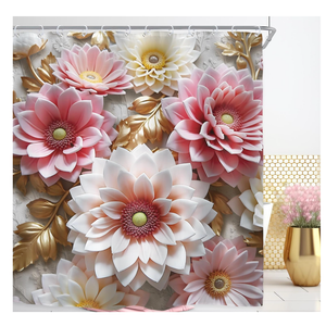 Riyidecor Pink Floral Shower Curtain for Bathroom Decor 72Wx84H Extra Long Vintage Retro Flower Gold Leaves Relief Sculpture Spring Plant Art Printed Fabric Polyester Waterproof 12 Pack Plastic Hooks
