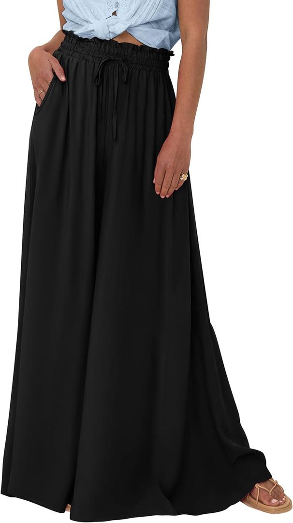 PRETTYGARDEN Women's 2025 Summer Wide Leg Palazzo Pants High Waisted Flowy Pockets Trendy Casual Lounge Boho Beach Trousers (X-Large, Black)