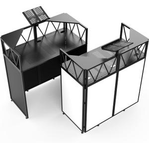 Foldable DJ Booth with Laptop Stand, DJ Table with Dual Corner Panels, Upgraded Metal Frame DJ Facade with Heavy-Duty Reinforced Desktop, DJ Stand for Parties, Black & White Scrims, Carry Bag