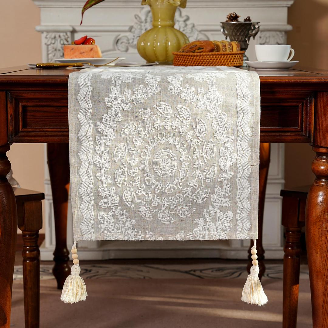 ARTABLE Linen Boho Table Runner Wood Bead Tassel Dresser Scarf 14x108Inch