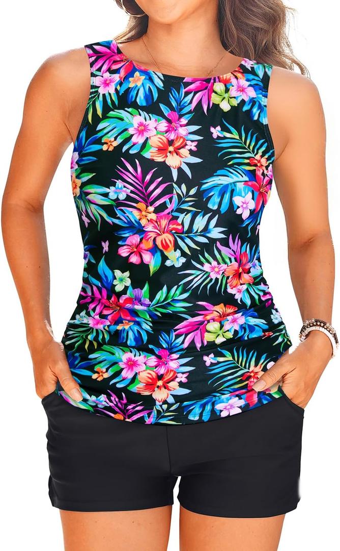 Tankini Swimsuits with Shorts - Two Piece Tummy Control Bathing Suits High Neck Swimwear with Two Side Pockets (Medium, Multi Floral)