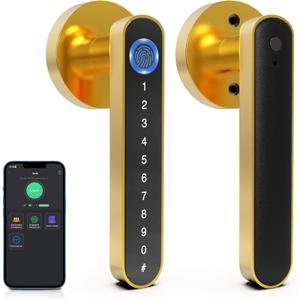 eLinkSmart Fingerprint Door Knob Lock, Smart Keyless Entry With Code Keypad Handle, Electronic Biometric Security Locking Lever for Bedroom Interior Indoor Room - Gold