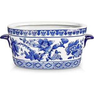 Blue and White Ceramic Planter Pot Vintage Floral Oval Cachepot Vase for Indoor Plants, Flowers & Succulents Glazed Chinese Porcelain Style Decorative Bowl 10.6" Size No Drainage