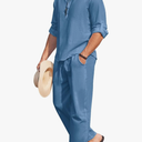COOFANDY Men's 2 Pieces Cotton Linen Set Long Sleeve Henley Shirts Casual Beach Pants With Pockets Summer Yoga Outfits, Size XL