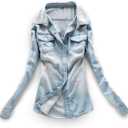 AvaCostume Women's Long Sleeve Double Pocket Slim-fit Jean Denim Shirt (XX-Large, Light Blue)