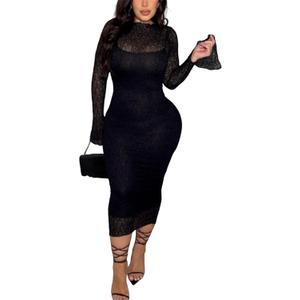 Women's Elegant Bodycon Midi Dress Lace Party Cocktail Wedding Guest Dress (Large, Black)