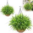 Yastouay 2 Pack Artificial Hanging Ferns for Outdoors, UV Resistant Fake Mixed Ferns with Hanging Baskets, Faux Ferns for Outdoor Planter for Garden, Spring Summer Decor for Home Front Porch Patio