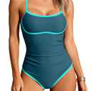 Eomenie Womens One Piece Swimsuits Tummy Control Slimming Bathing Suit for Women Color Block Swimwear Ruched Swim Suit (Blue, XXL)