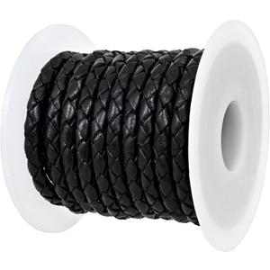 GENIQUE Real/Genuine Round Braided Leather Cord String Rope Folded, Leather Rope for Crafts, Jewelry Making, Necklace, Bracelets (5 Metres) (5mm, Black Distressed)