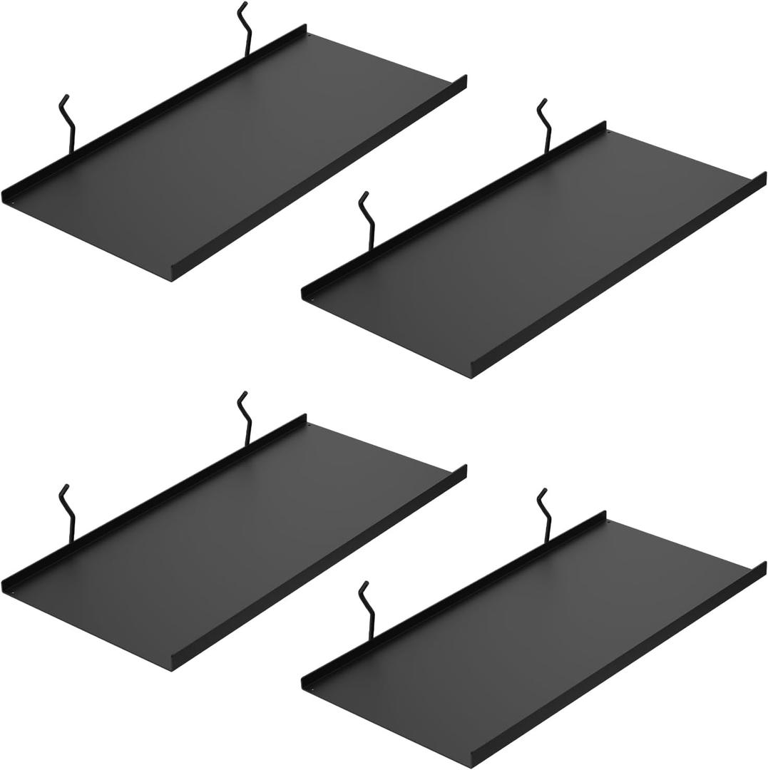 PEKGRIL 17X8 Inch Large Pegboard Shelves Set of 4, Metal Peg Board Shelves Accessories, Flat Display Shelves for Pegboard, Metal Retail Display for Storage and Organization, Black