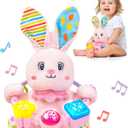 Baby Rabbit Musical Stuffed Animals Toy,Infant Bunny Bilingual Early Learning Education Toy with Light-Up Music & Crinkle,1st Easter Basket Shower Stuffers for 0 1 2 3 6 9 12 18 Month Girl,Pink