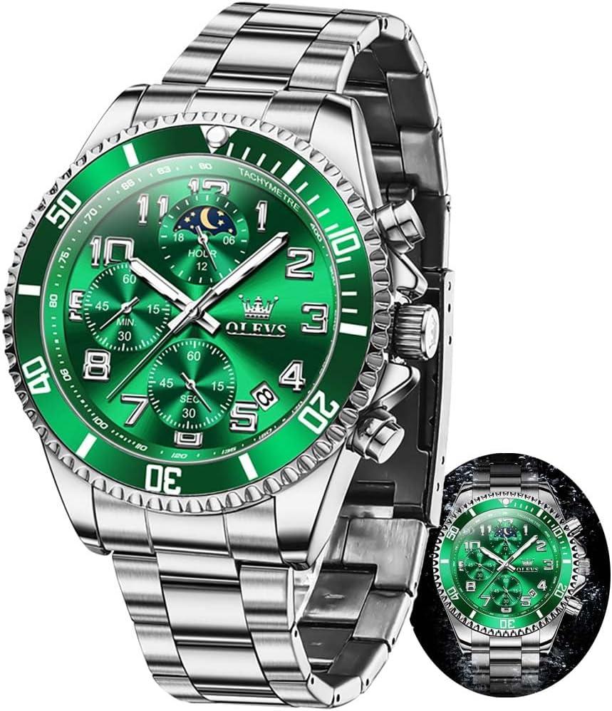 OLEVS Mens Watches Chronograph Watch Luxury Dress Stainless Steel Waterproof Watches for Men Moon Phase Luminous Business Calendar Wrist Watch Blue/Black/Green/Gold/Face (2926 Silver Green)
