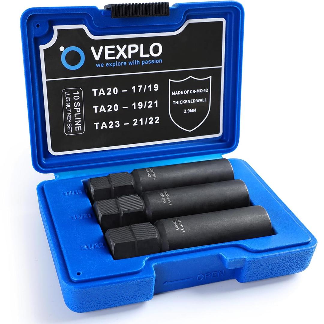 VEXPLO 10 Spline Lug Nut Key Set Thick Wall 3-PCS 10 Spline Lug Nut Socket | Easy Removal of Aftermarket Ten Point Locking Lug Nuts, Compatible with Bimecc White Knight 10 Splined Wheel Lock Key