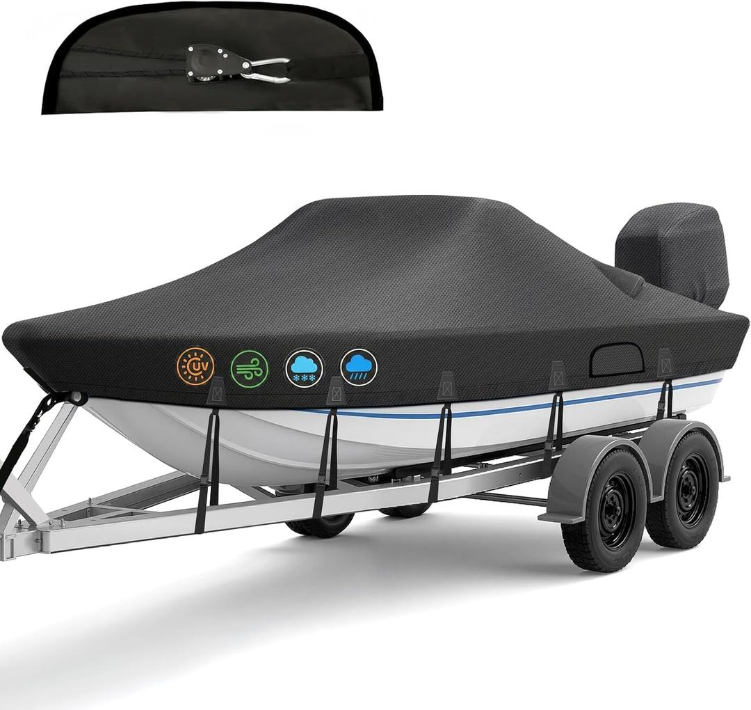 1200D Ratchet Boat Cover 20-22ft with Motor Cover,Black
