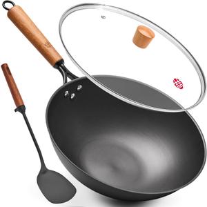 WANGYUANJI 12.6" Carbon Steel Wok with Lid & Spatula - Gift Ready Packaging, Precision Spun Iron Stir Fry Pan for 3-4 People - Flat Bottom, Nitrided Rust-Resistant Surface (Requires Seasoning)