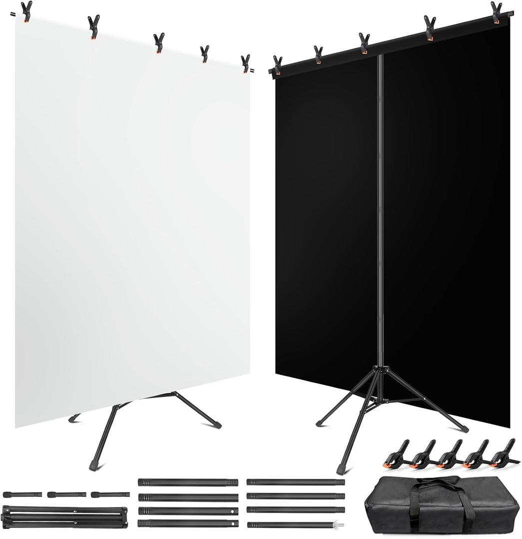 Black White Backdrop Screen with Stand Kit for Photo Video Studio Filming 5X6.5ft, Black Backdrop White Photo Curtain Background with T Shape Stand and 5 Spring Clamp for Photography Party Decorations