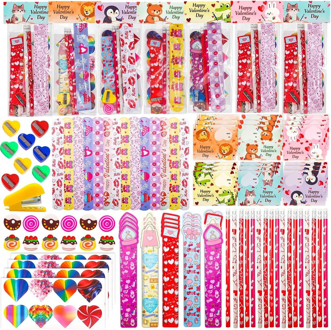 28 Pack Valentine's Day Stationery Set with Cards-Valentines Gifts for Kids, Classroom Exchange Party Favors, Goodie Bag Fillers, Includes Pencils, Rulers, Erasers, Stamps, Sharpeners & Stickers