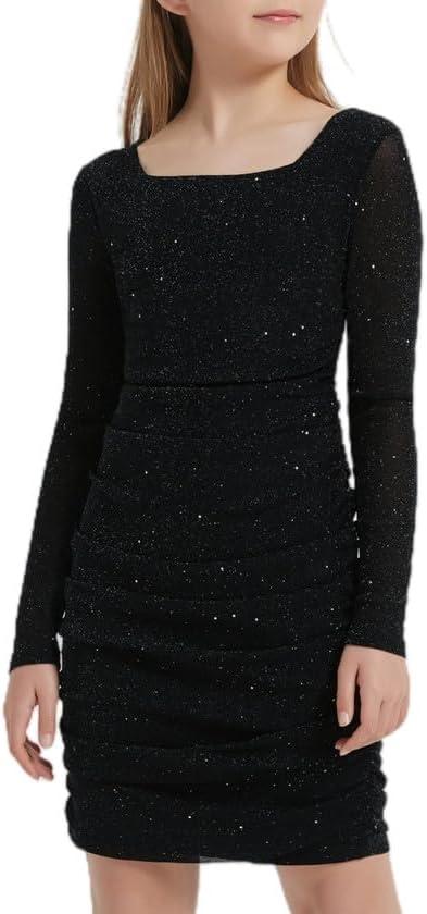 EXARUS Girls School Dance Formal Dress Tween Prom Party Teen Special Occasion Graduation Short Fitted Bodycon Dresses (10 Years, Long Sleeve Black Shimmer)
