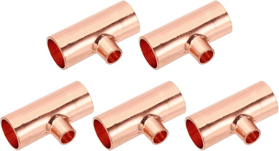 PATIKIL 1/2" x 1/4" x 1/2" ID Reducing Tee Copper Fitting, 5pcs 99.9% 3 Way Pure Copper Pipe Tube Connector Adapter Reducer with Sweat Solder Connection for HVAC Refrigeration System