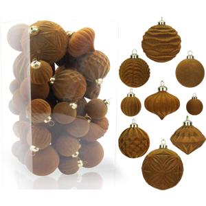 42PCS Gold Brown Velvet Christmas Ball Ornaments, Flocked Vintage Rustic Farmhouse Baubles in Assorted Sizes for Xmas Tree Decorations, Hanging Ornaments for Home, Party & Wedding Dcor (Golden Brown)