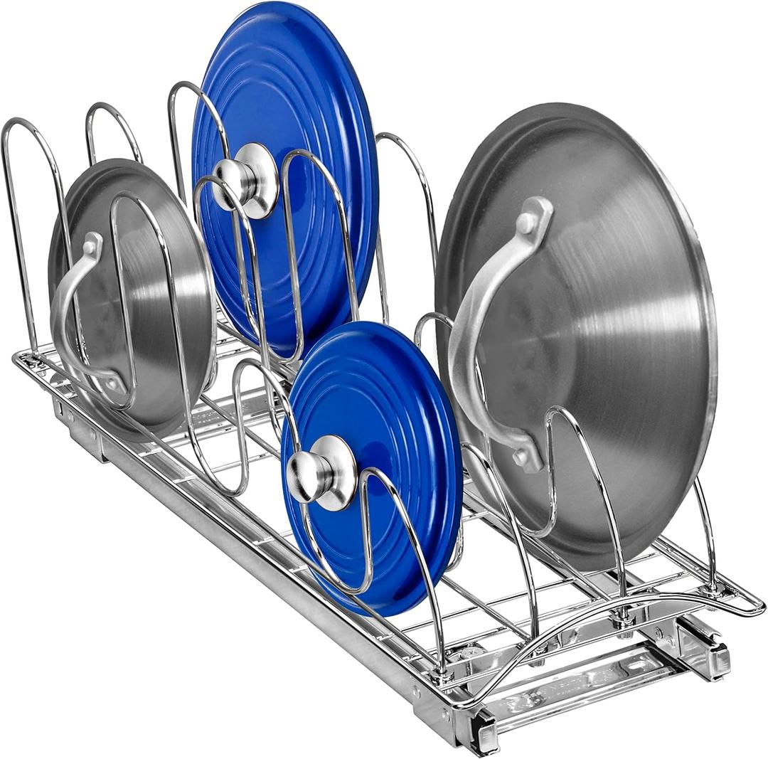 LYNK PROFESSIONAL Pull Out Pot Lid and Cookie Sheet Organizer Rack for Cabinet - Lifetime Ltd - Sliding Kitchen Organizers Pans, Pots, Lids, and Tray Storage - 7.25 wide x 21 inch, Chrome