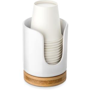 Ceramic Bathroom Cups Dispenser - 3 oz Disposable Paper & Plastic Bathroom Cups Holder - Mouthwash Cups Dispenser for Bathroom, Guest Toiletries, Countertop - BPA Free, Kids Safe (White) (Set/1)