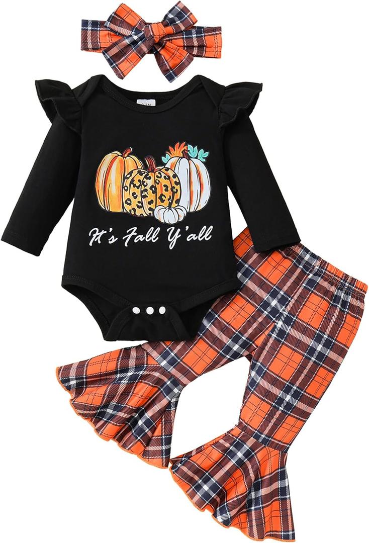 Halloween/Thanksgiving Baby Girl Outfit Pumpkin Romper+Flared Pants Infant Fall Clothes (6-12 Months, Plaid)