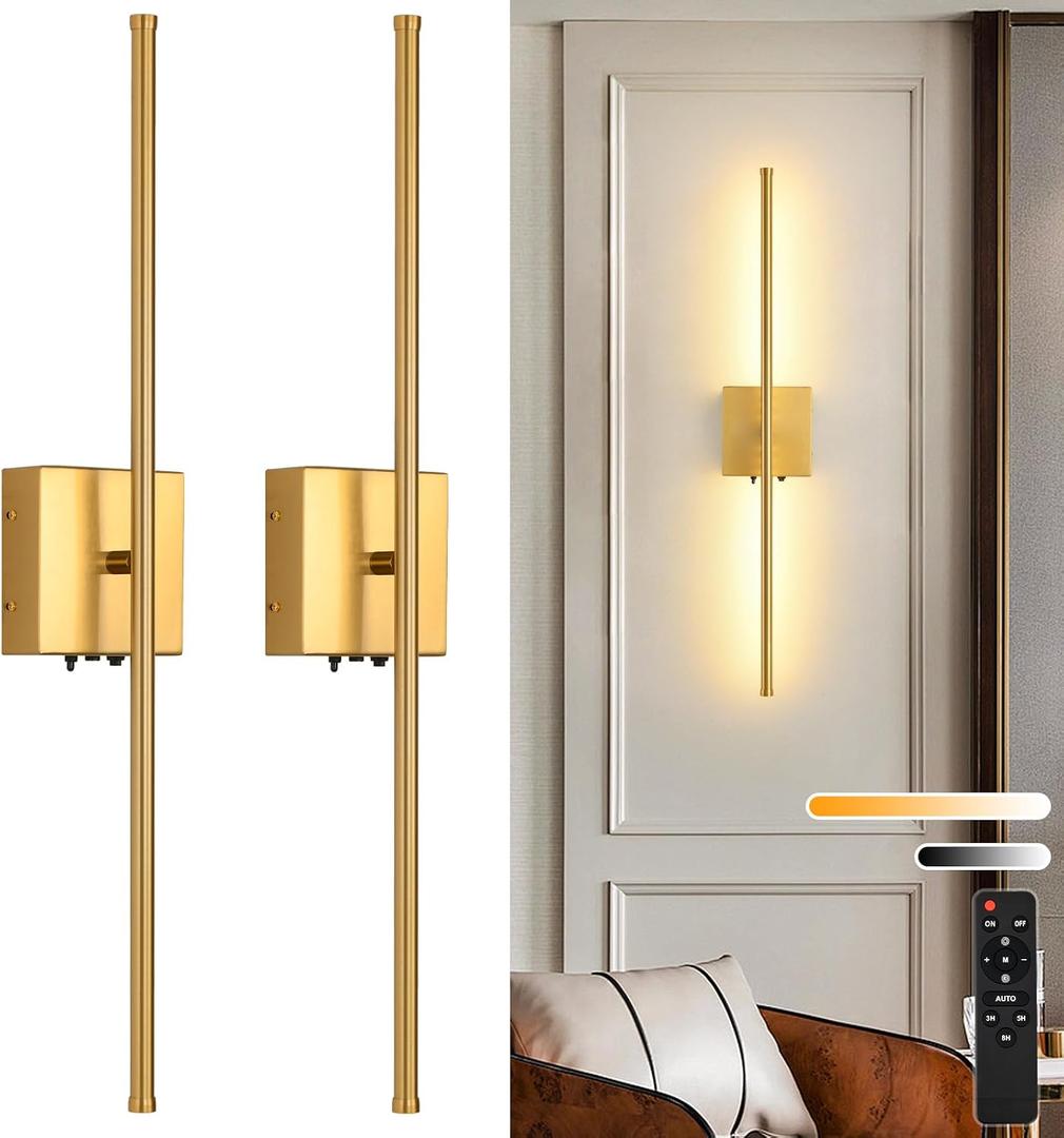Battery Operated Wall Sconces Set of 2, 11000mAh Wireless Rechargeable Gold Wall Lights with Remote Control, 350Rotate Dimmable Wall Lamp, 3 Color Temperatures, for Bedroom, Living Room, Hallway