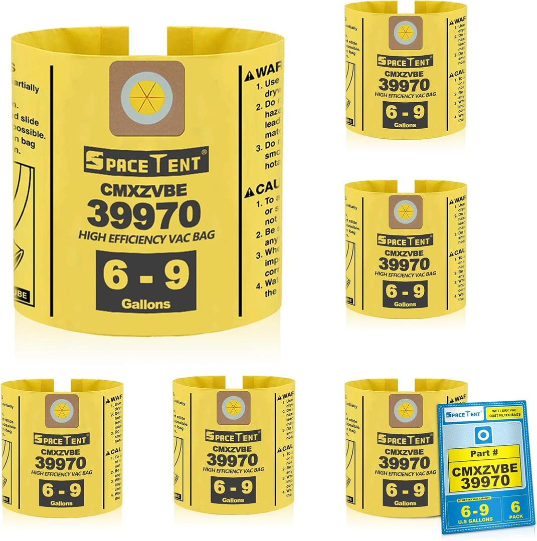 SpaceTent 6 Pack 39970 Shop Vac Bags for CRAFTSMAN 6 and 9 Gallon Wet/Dry vacuum, Part# 39970 CMXZVBE39970, Fine Dust Bag