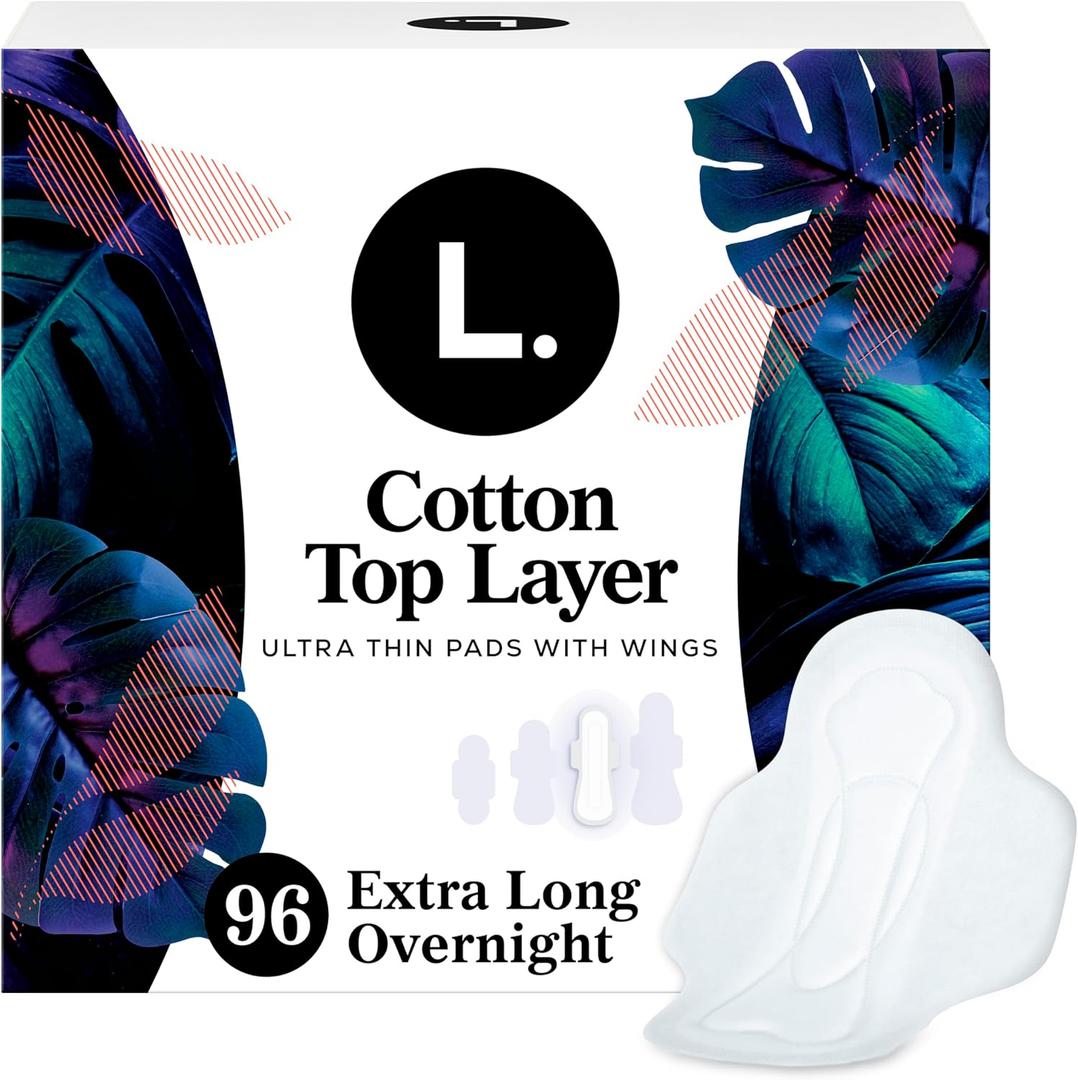 L. Ultra Thin Pads for Women, Overnight Absorbency, Organic Cotton Top Layer, Unscented Pads with Wings, 96 CT