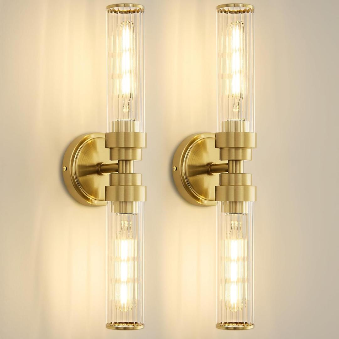 Bathroom Light Fixtures, Gold Wall Sconce in Threaded Glass Vanity Lights 2 Pack, Modern Bathroom Vanity Light Up and Down Sconces Wall Lighting for Bathroom, Living Room - Bulb Not Included