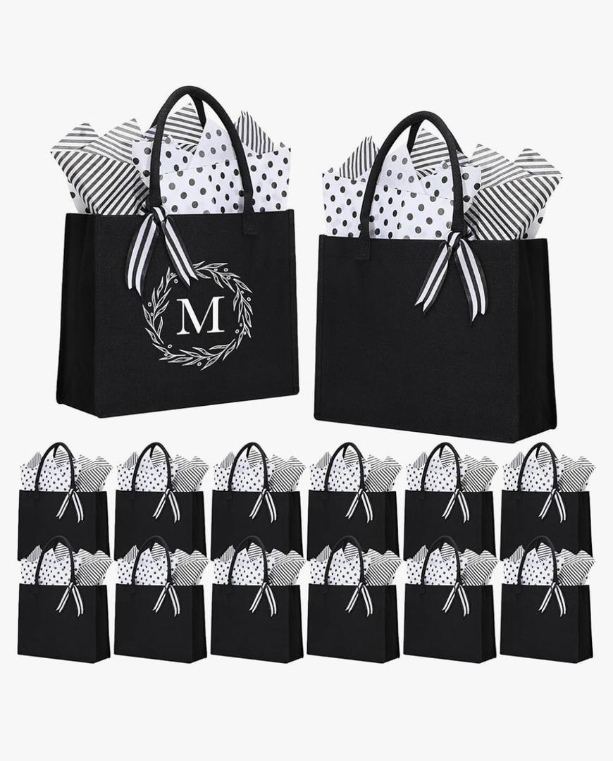 Sanwuta 12 Pack Canvas Tote Bag Bulk Initial Black Canvas Tote Bags with 28 Tissues Sublimation Tote Bag Large Present Bag Reusable Gift Bag for Women Wedding Birthday Beach Holiday