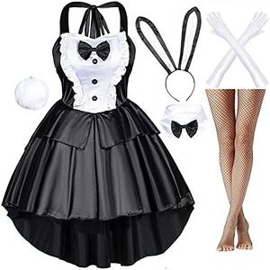 Classic Women Fancy Bunny Costume Girl Dress Tuxedo Style Black Dress Cosplay Costume Tail Ears Stockings Gloves Set, Large